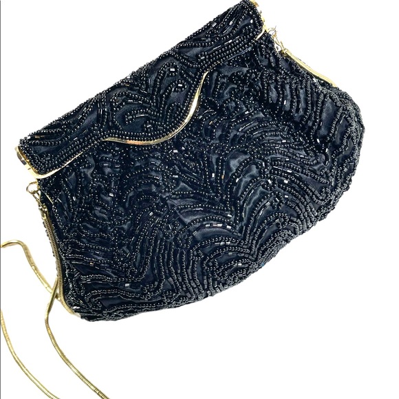 Vintage 1960s GOLDCO Fancy black seed bead evening bag gold hardware - Picture 5 of 12